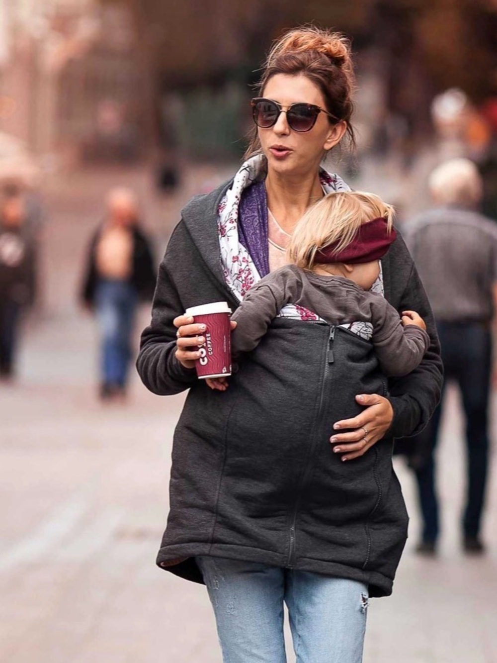 Size M/L Cotton Babywearing and Maternity Coat KAYA Gray and Floral